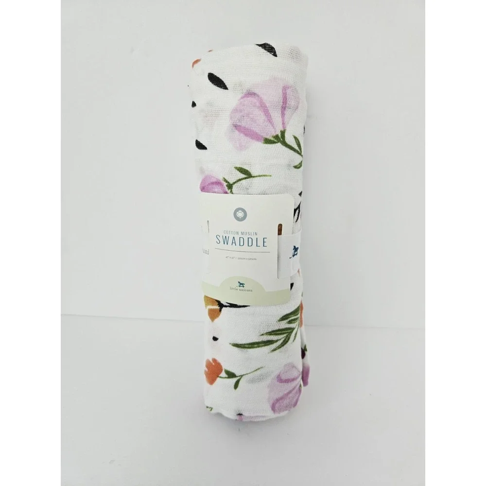 Little Unicorn Cotton Muslin Swaddle white floral NEW 47x47